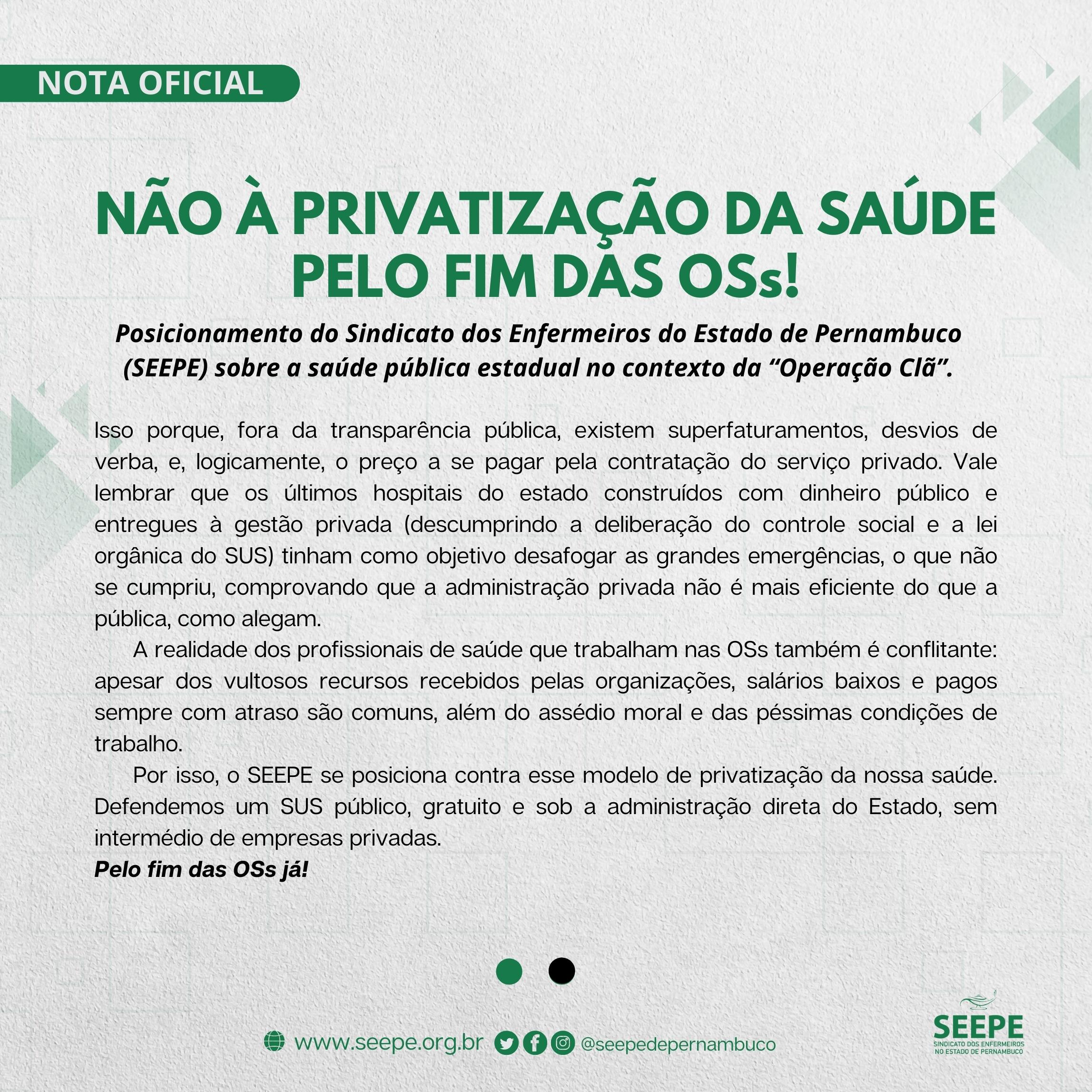 NOTA OFICIAL | NÃO À PRIVATIZAÇÃO DA SAÚDE PELO FIM DAS OSs!